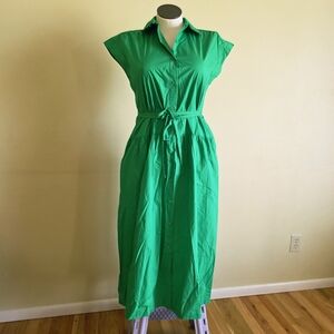 Green Belted Midi Dress Cotton Button Down Short Sleeve Collared |  A New Day
